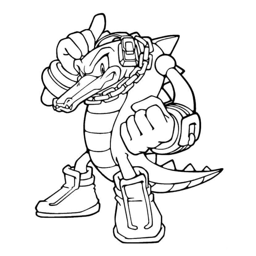 Coloring page of Sonic the Hedgehog with Vector the Crocodile.