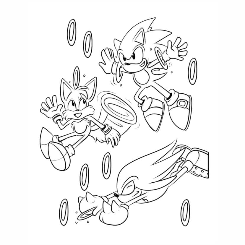 Coloring page of Sonic the Hedgehog with his friends.