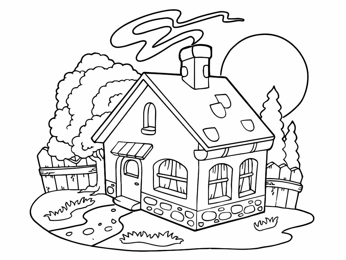 Sunny House with Chimney Coloring Page