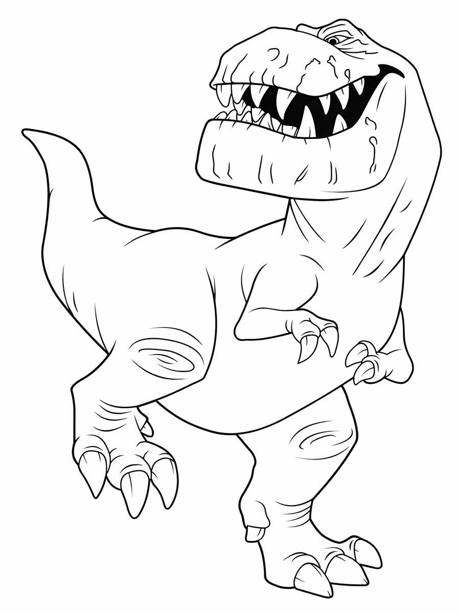 Coloring page of a T-Rex standing on two legs with its mouth open, showing sharp teeth. It has small arms, a large head, and a long tail. The drawing is simple without shading or color.