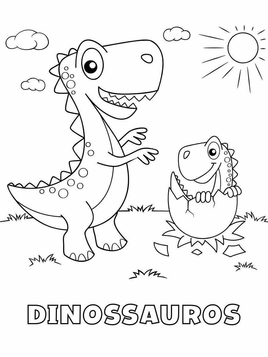 Coloring page of two dinosaurs in a grassy field: a large carnivorous theropod and a smaller herbivorous ornithopod, appearing friendly.