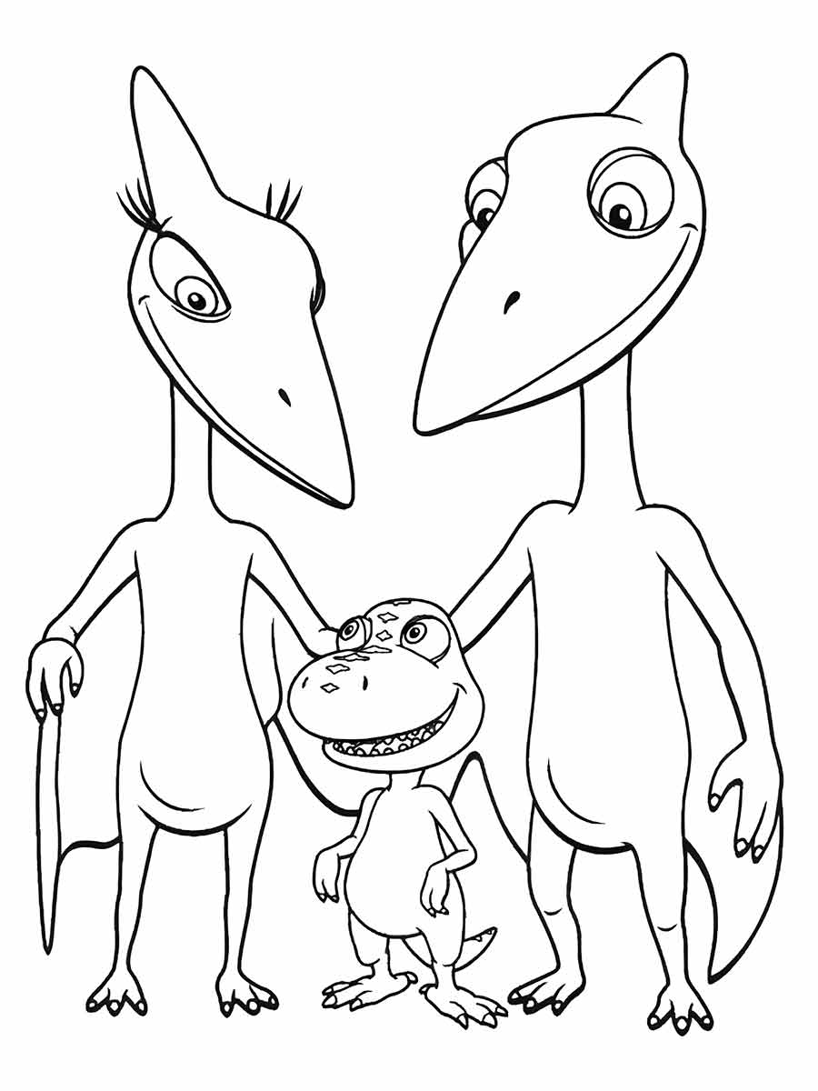 Coloring page of three dinosaur friends from different species in the Jurassic period.