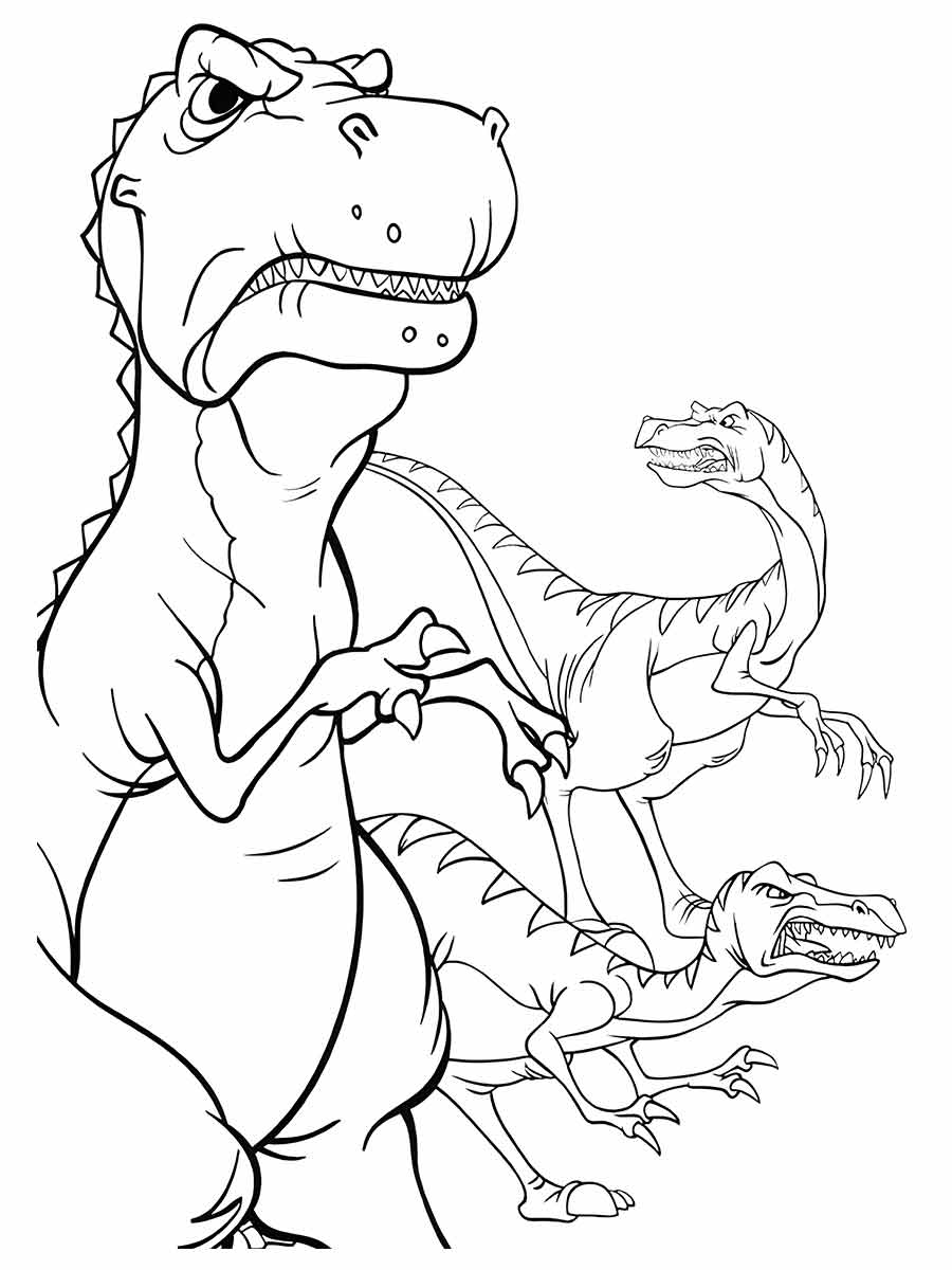 Coloring page of three dinosaurs.