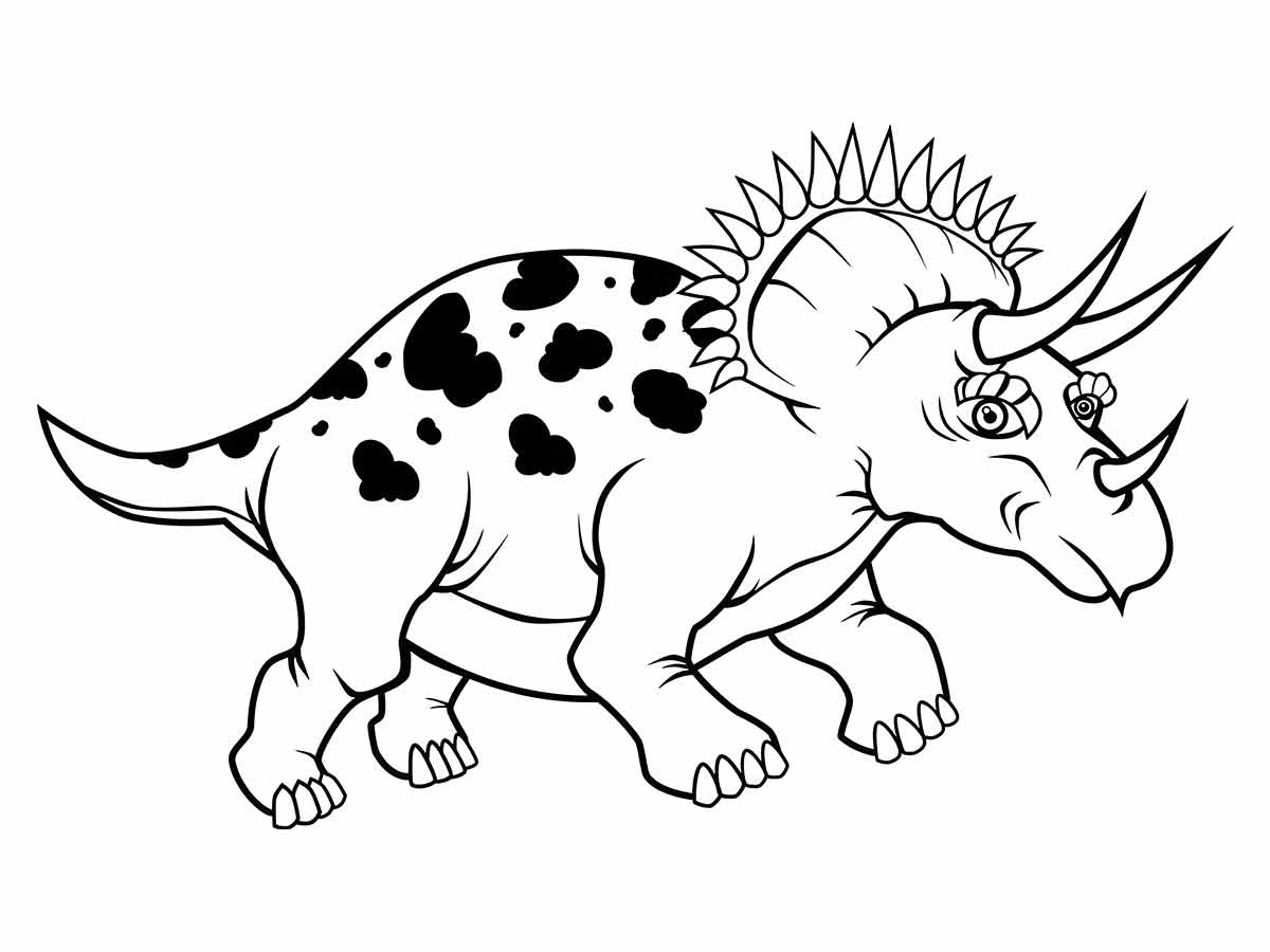 Coloring page of a triceratops with three horns and black spots, walking on four legs. The name means 'three-horned face.'