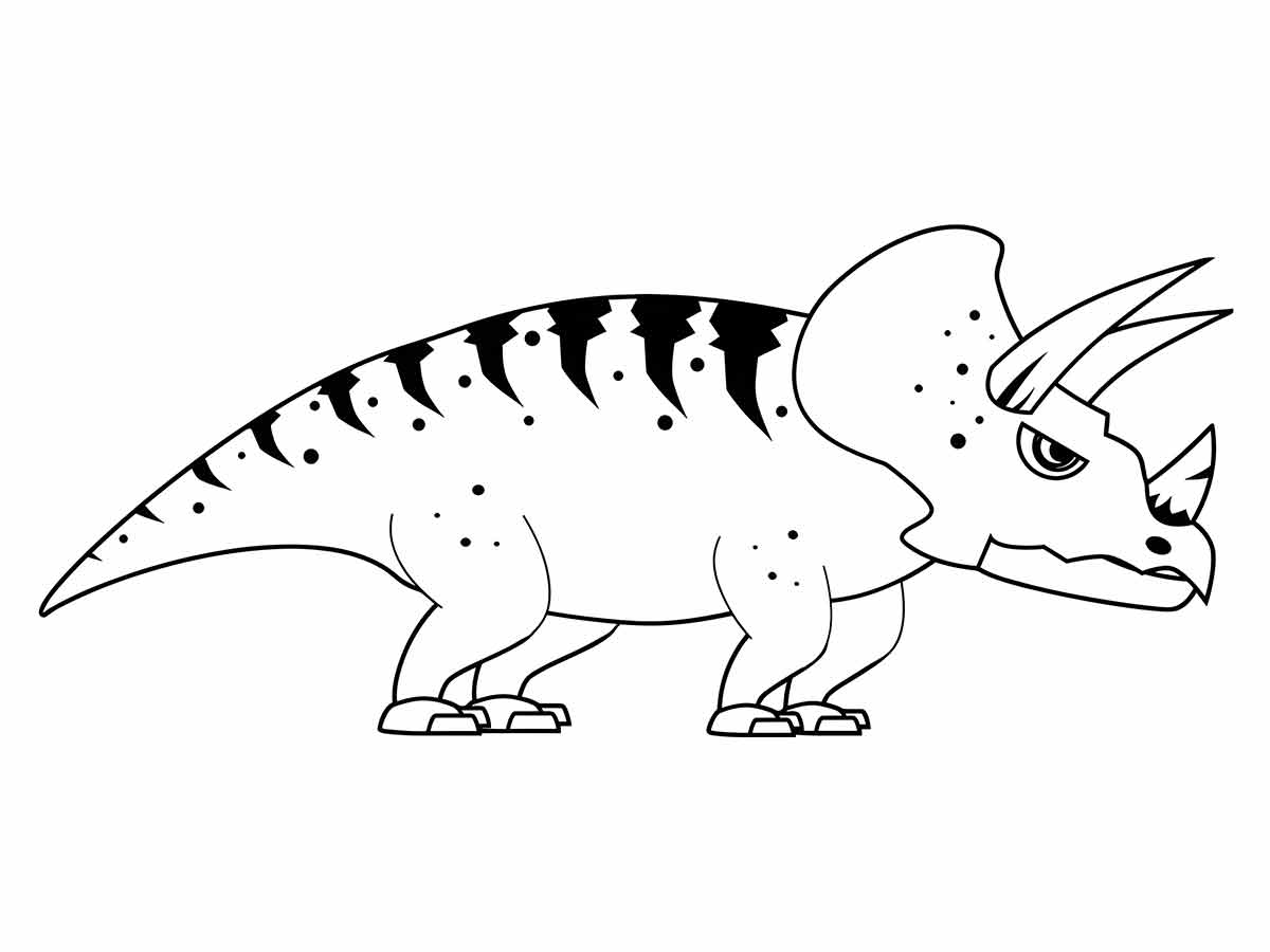 Coloring page of a triceratops, an herbivore from the late Cretaceous, with three horns and a bony frill, one of the largest horned dinosaurs.