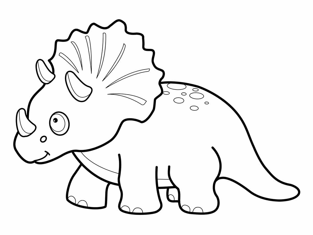 Coloring page of a triceratops, an herbivore with three horns and a large bony frill from the late Cretaceous.