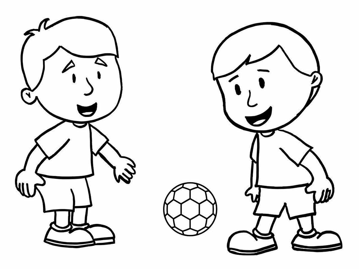 Two boys playing soccer coloring page