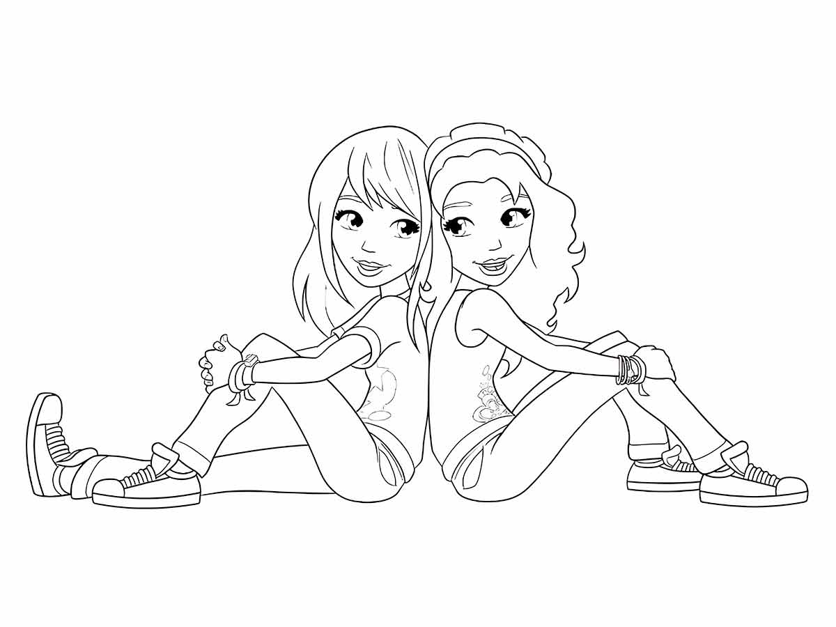 Two girls sitting back to back coloring page.