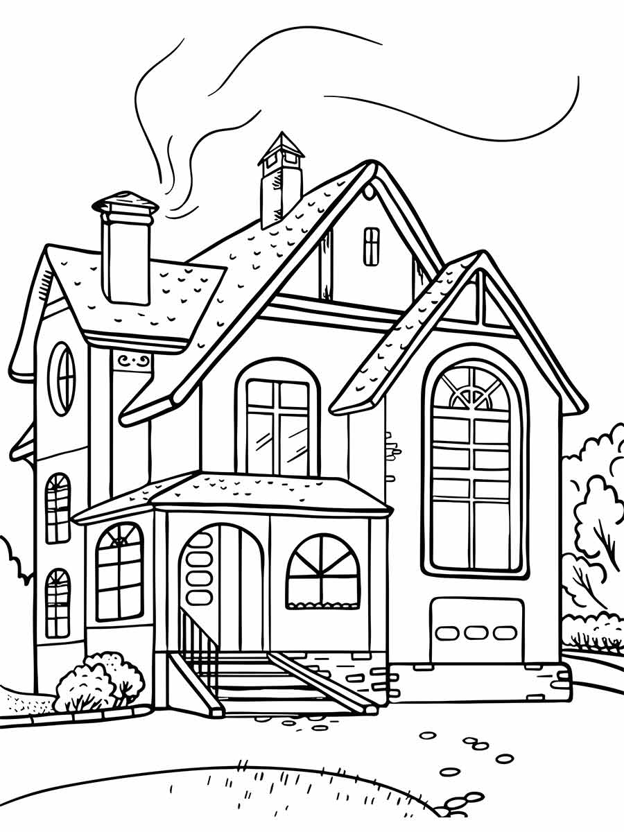 Two-Story House with Arched Window Coloring Page