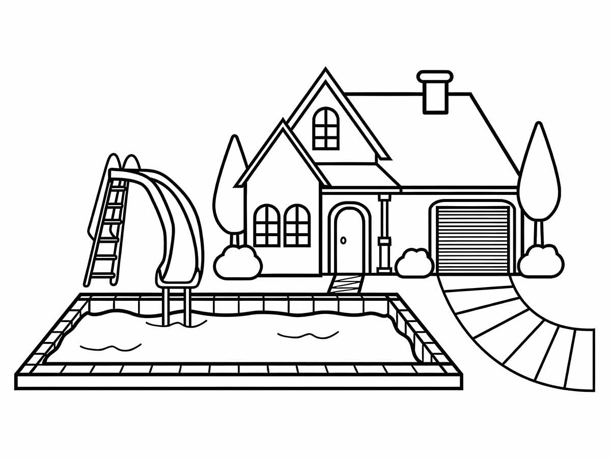 Two-Story House with Pool and Slide Coloring Page