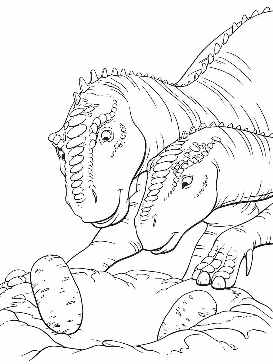 Coloring page of a carnivorous tyrannosaurus rex with a large head and sharp teeth, the name means 'tyrant king.'