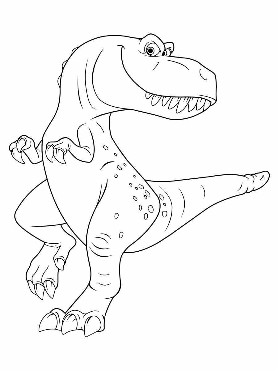 Coloring page of a tyrannosaurus rex with sharp teeth and small arms, one of the fiercest predators, feeding on other dinosaurs with a keen sense of smell.