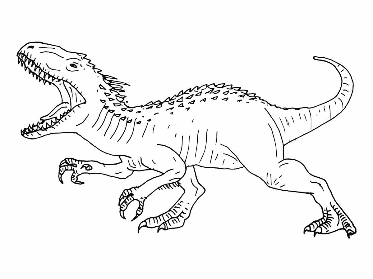 Coloring page of a tyrannosaurus rex, a carnivore from the Cretaceous period with sharp teeth and small arms.