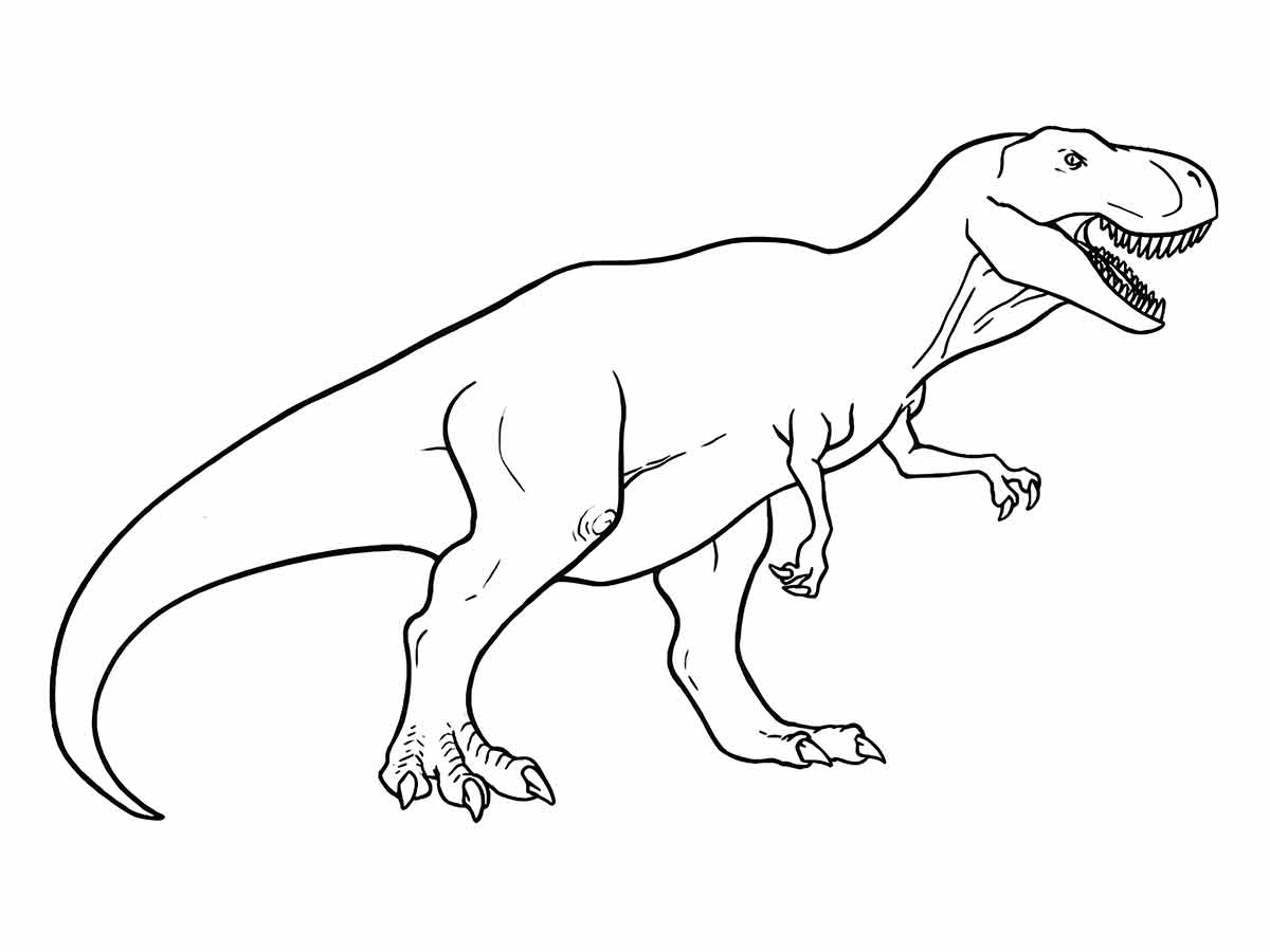 Coloring page of a tyrannosaurus rex, a large carnivorous dinosaur known as 'king tyrant lizard,' with a massive head, sharp teeth, small powerful arms, up to 12.4 meters long, 4 meters tall, weighing up to 10 tons.