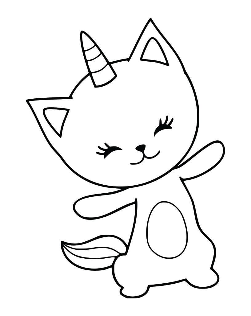 Coloring page of a cat with a unicorn horn, perfect for kids.