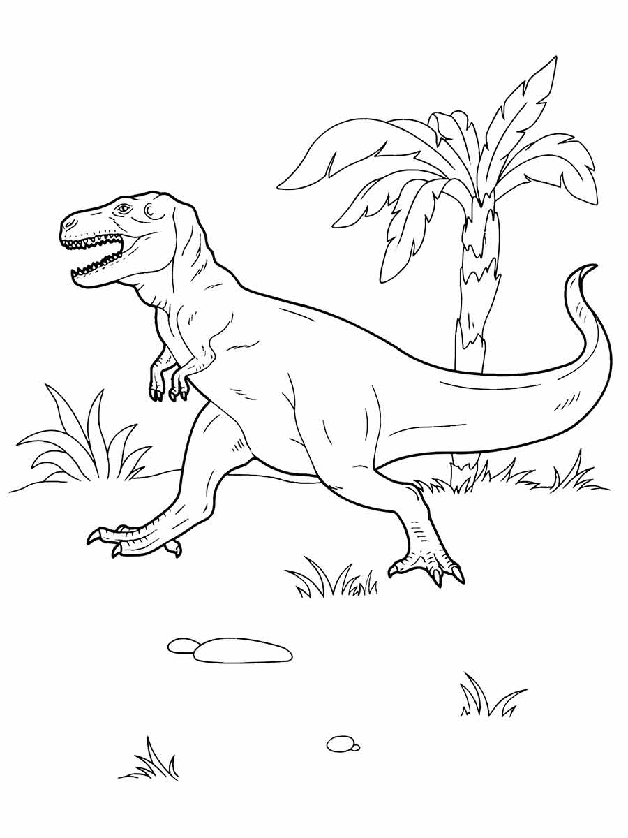 Coloring page of a walking dinosaur.