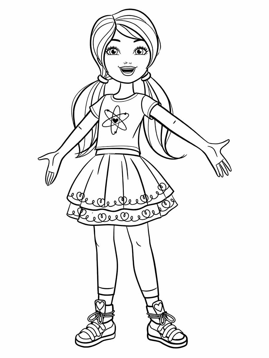 Young girl with long hair wearing a dress with a flower on the chest, ruffled skirt, and high-top sneakers with hearts, standing with outstretched arms and a smile.