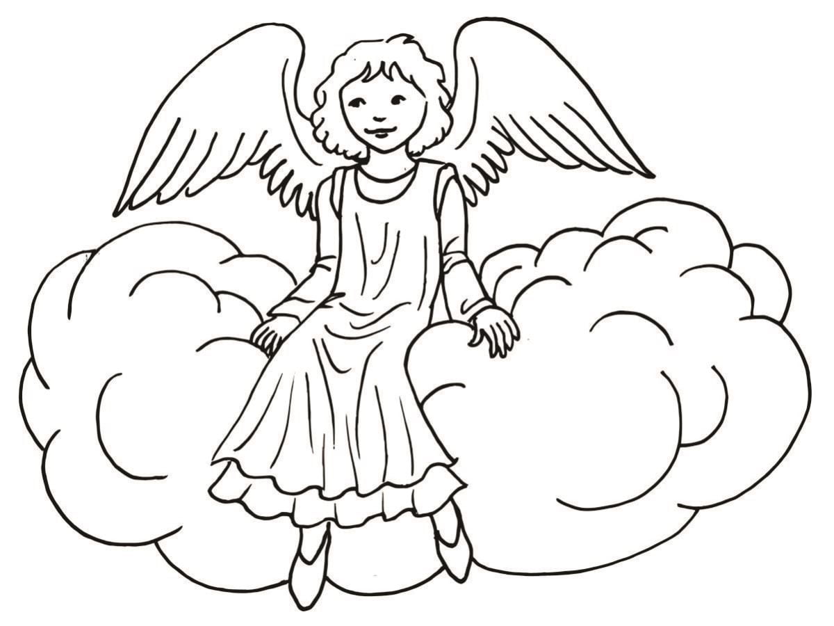 Angel sitting among clouds coloring page