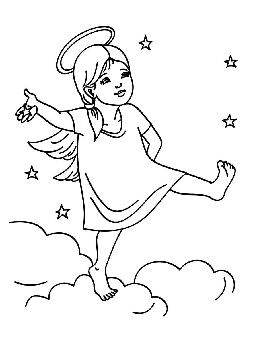 Angel walking on clouds coloring page