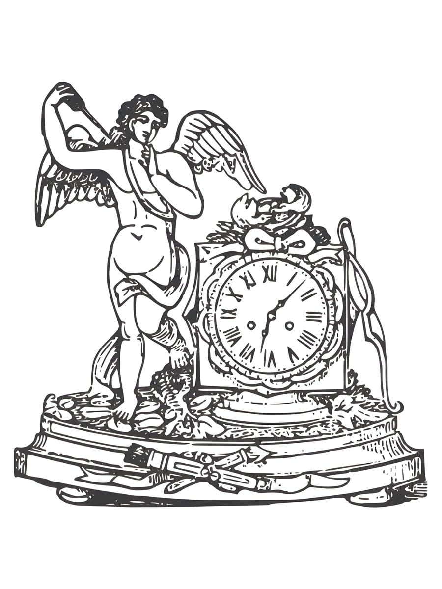 Angel beside a clock coloring page