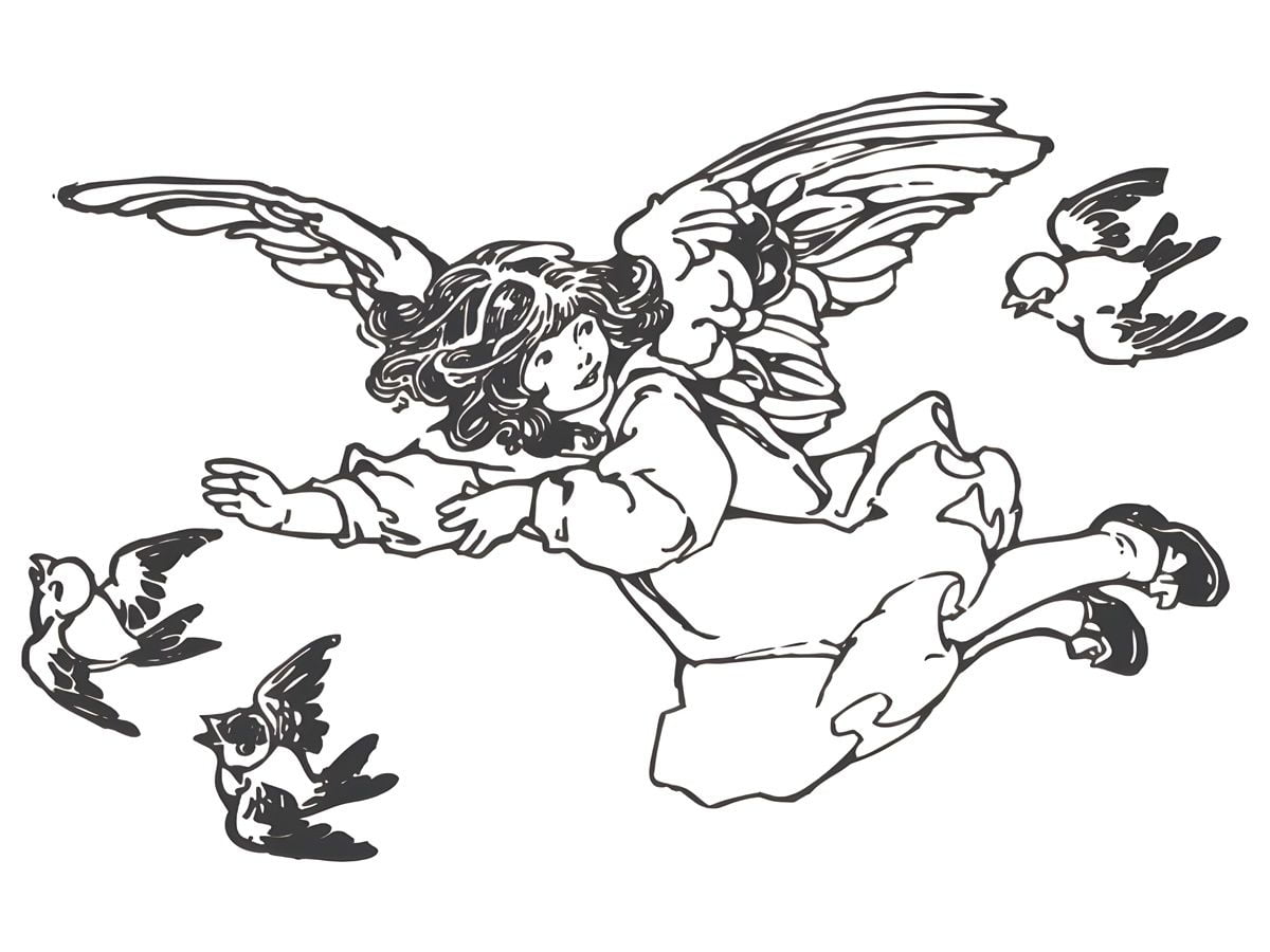 Two angels with birds following coloring page