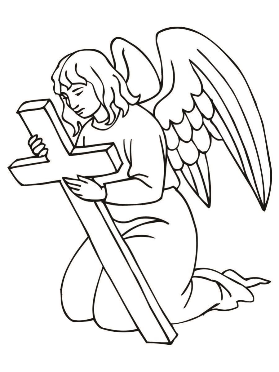 Angel kneeling holding a cross coloring page