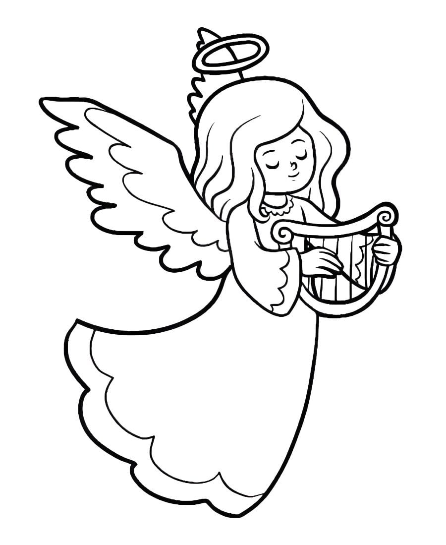 Angel playing a harp coloring page