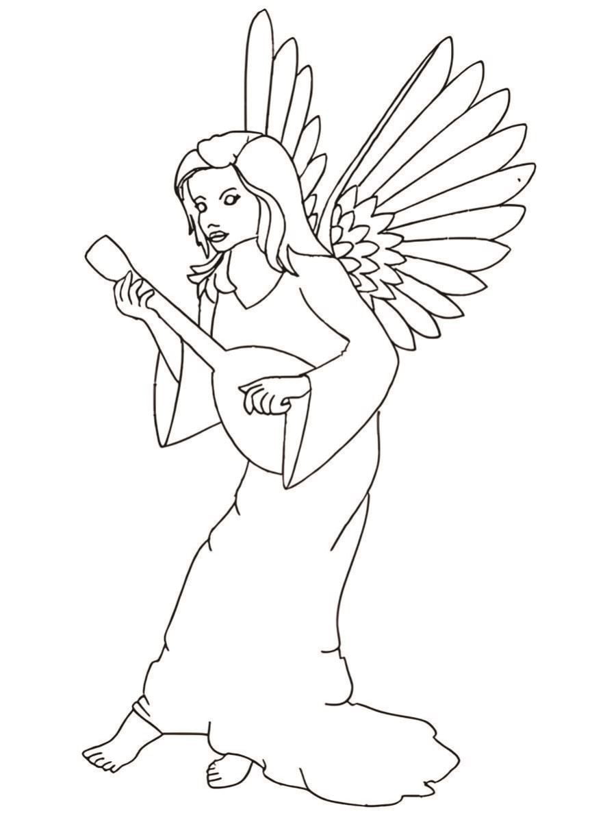 Angel playing harp coloring page