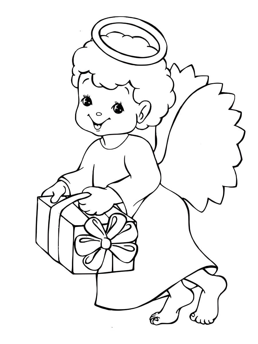 Angel with a gift box in hands coloring page