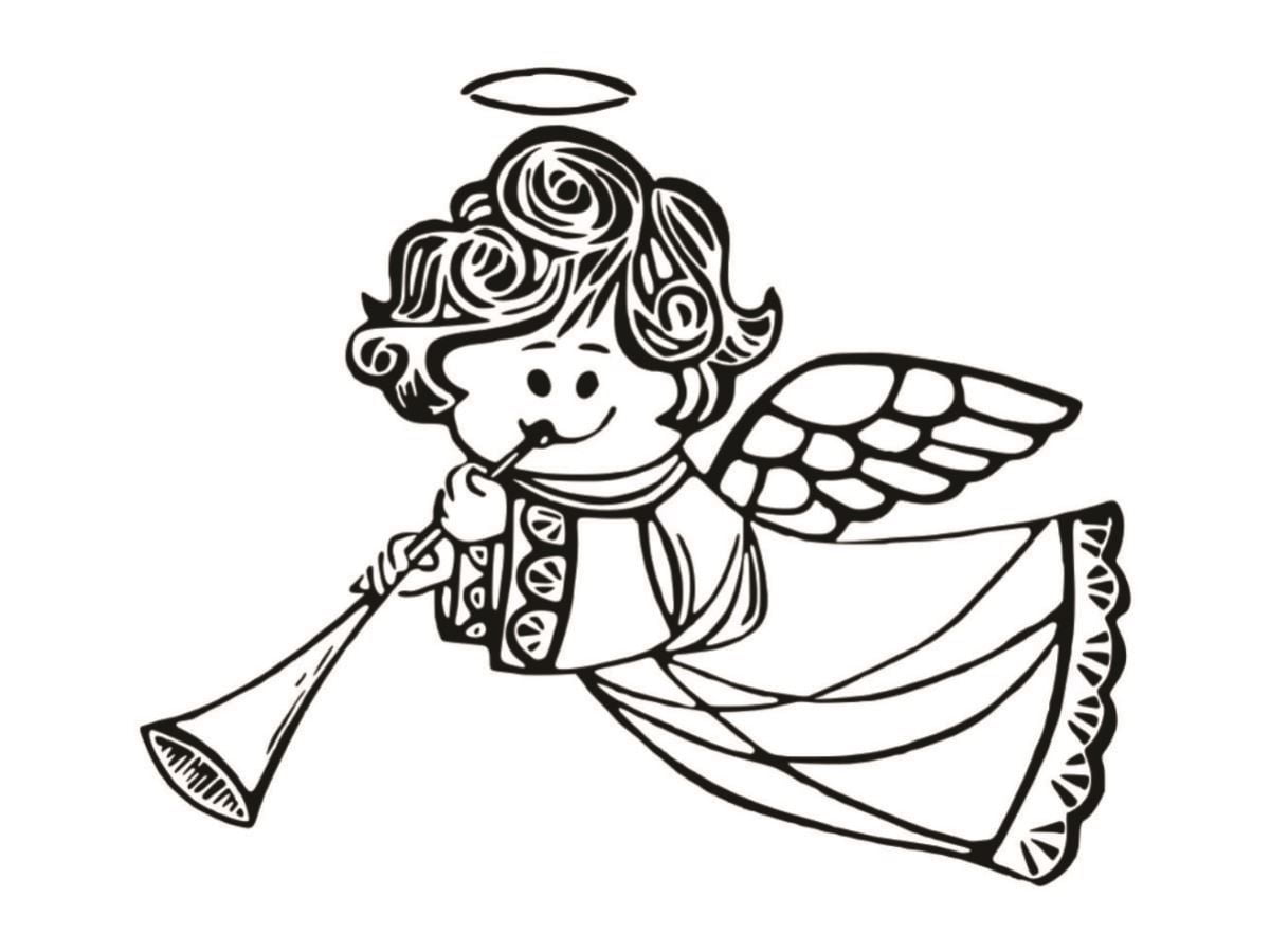 Child angel playing trumpet coloring page