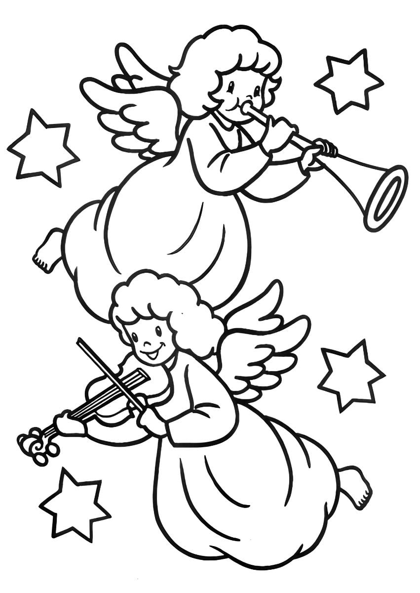 Two angels playing trumpet and harp coloring page