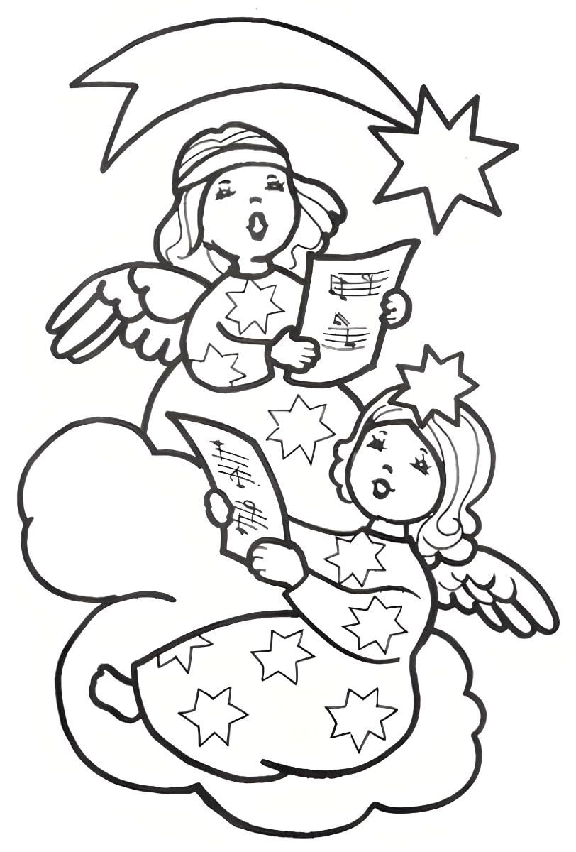 Two angels singing religious songs coloring page