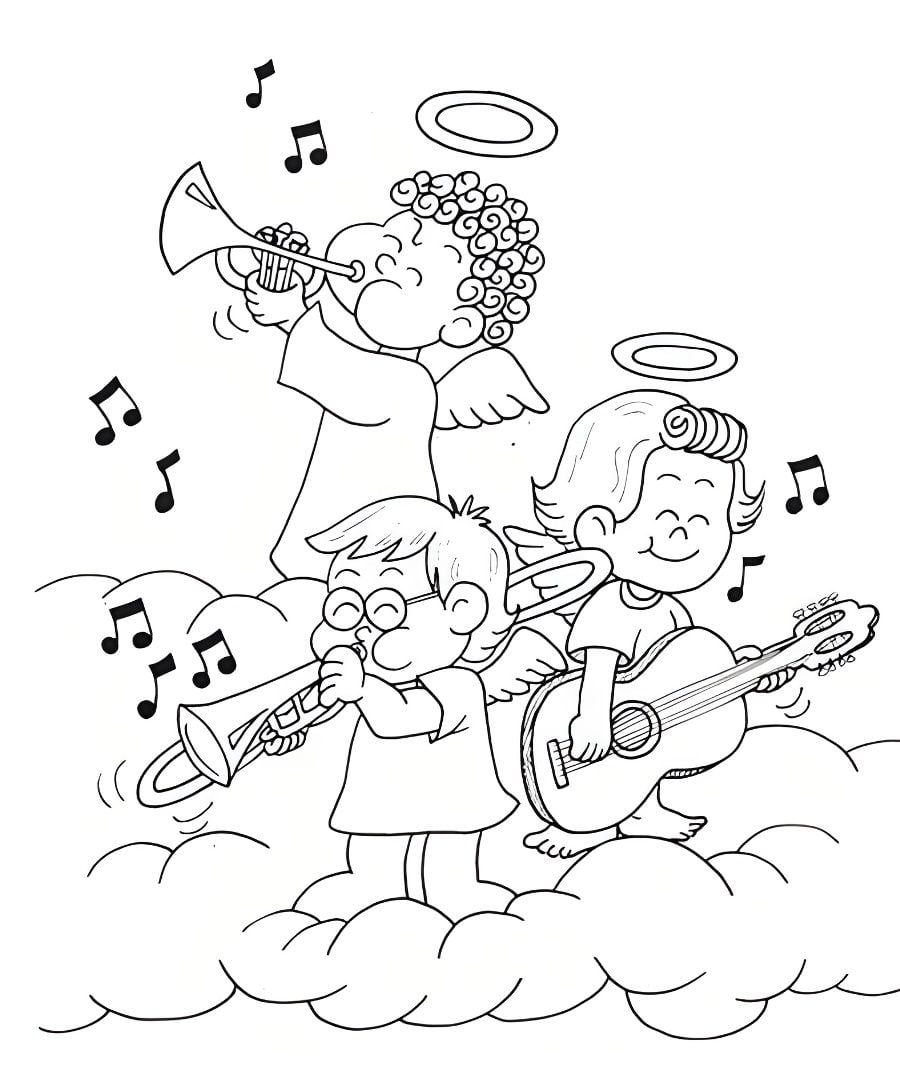 Angels playing musical instruments coloring page