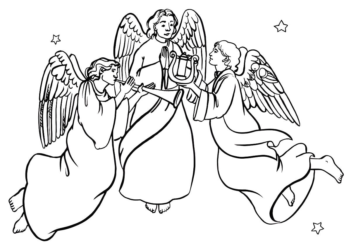 Angels playing harp and trumpet coloring page