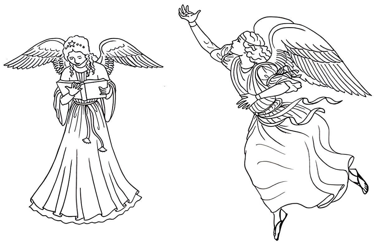 Two angels, one reading and another reaching to the sky coloring page