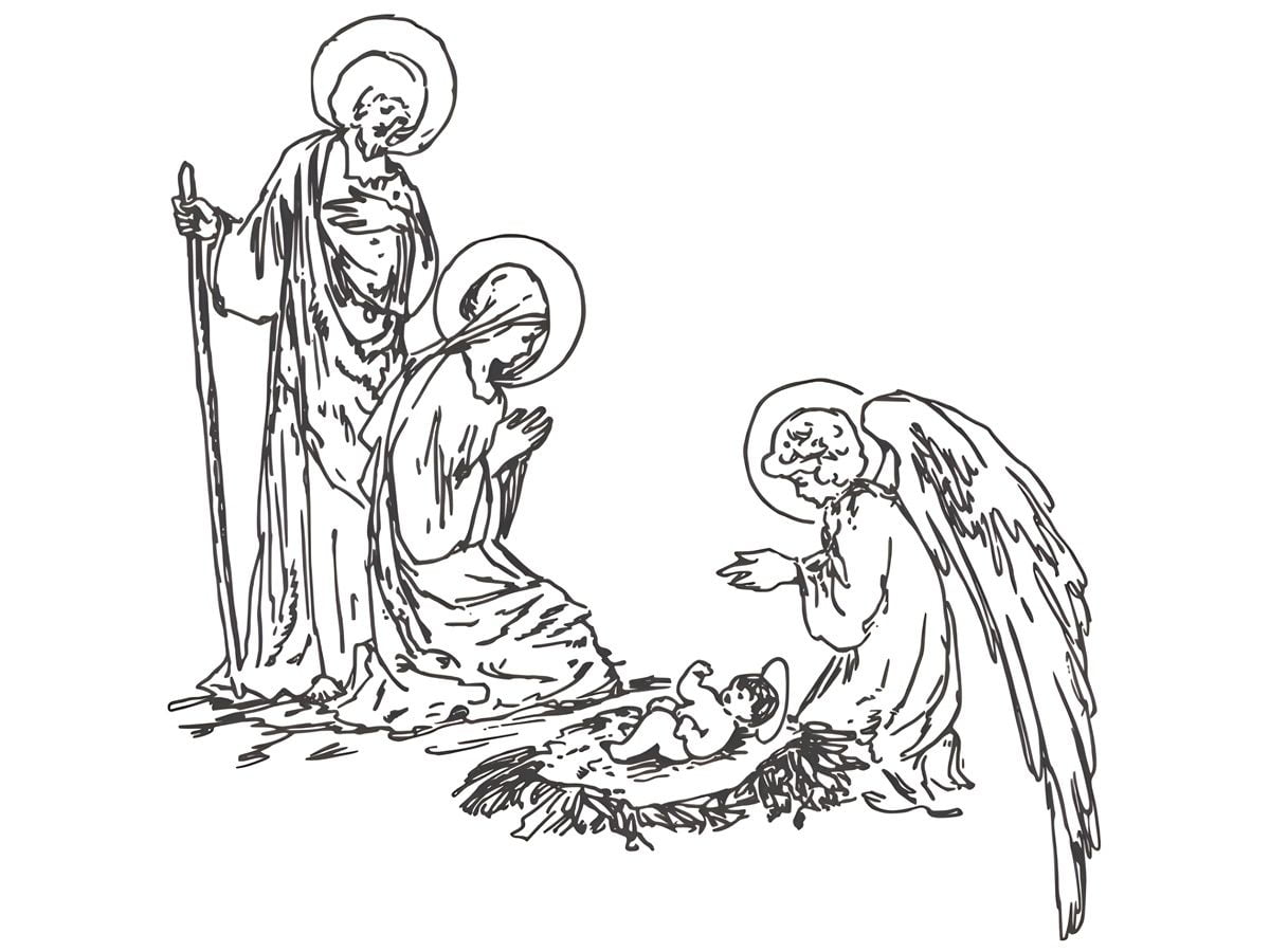 Angels visiting baby Jesus coloring page