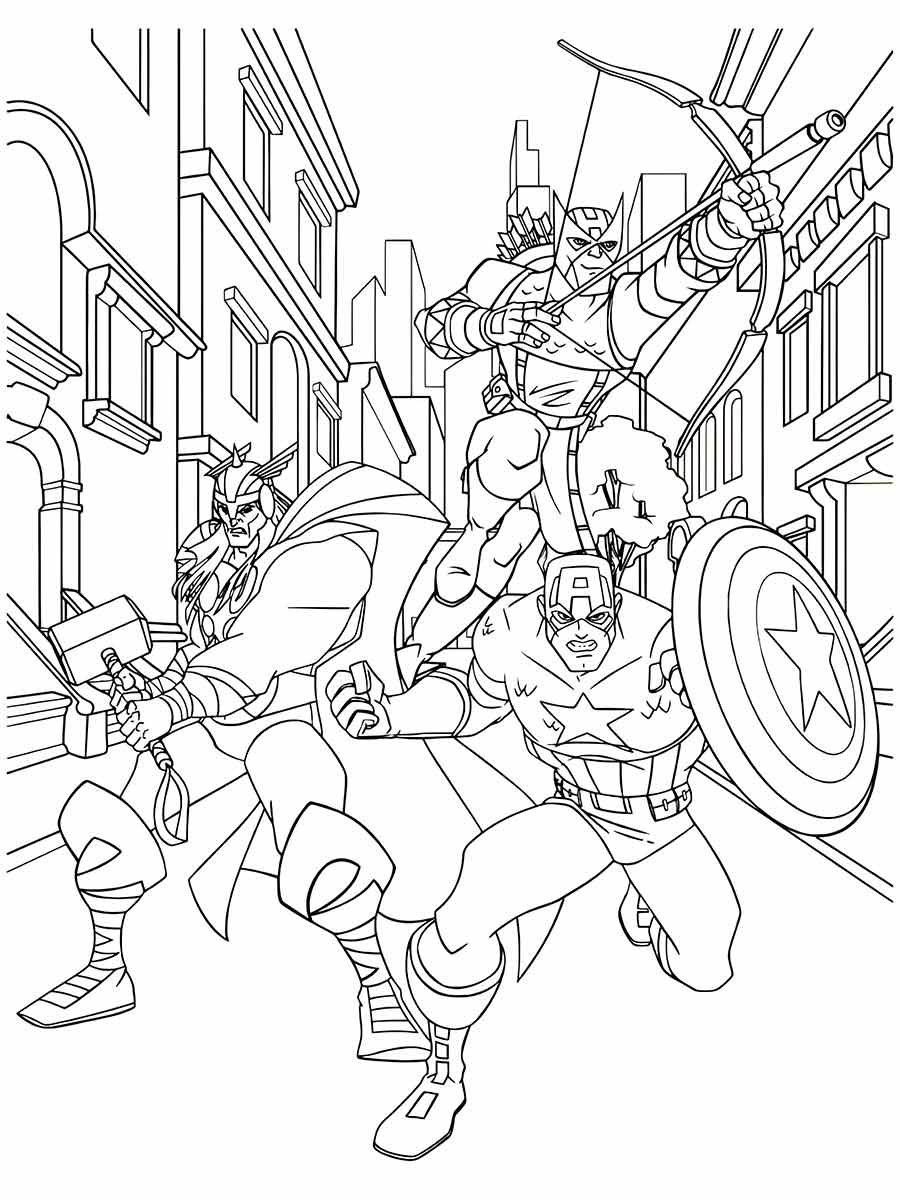 Coloring page of three Avengers: Thor, Captain America, and Hawkeye.