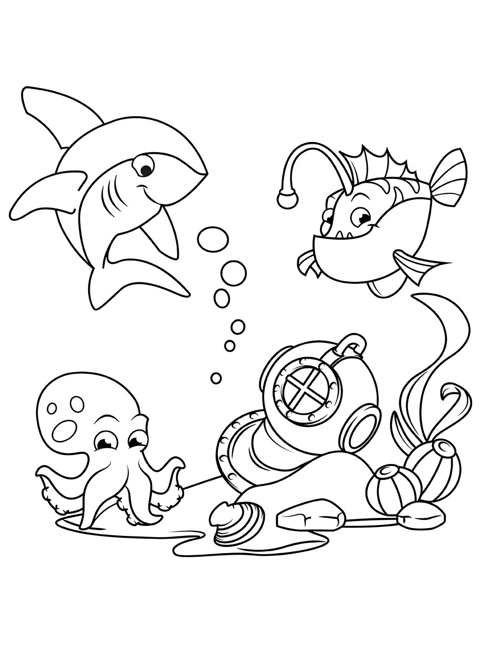 Coloring page of a baby shark.