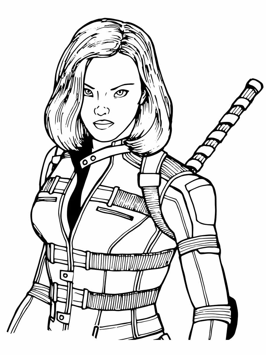 Coloring page of Black Widow, a skilled and intelligent Avenger.