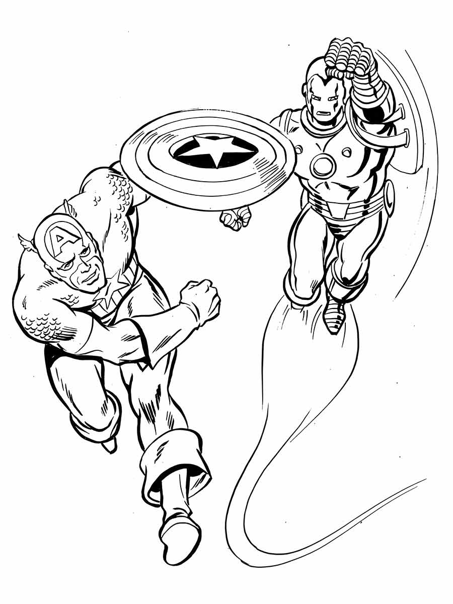 Coloring page of Captain America and Iron Man, two Avengers characters.