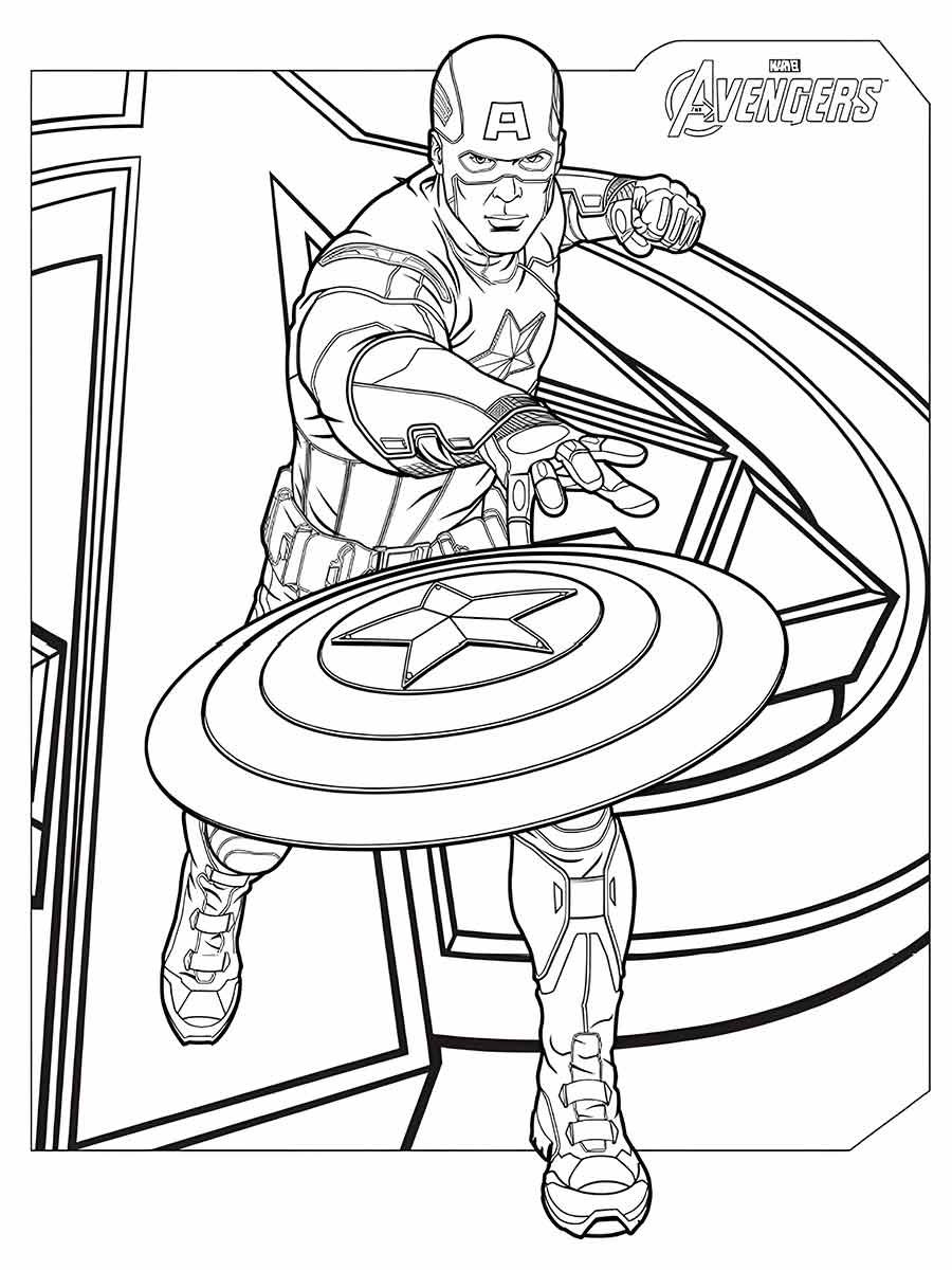 Coloring page of Captain America, the leader of the Avengers, with his shield and uniform.