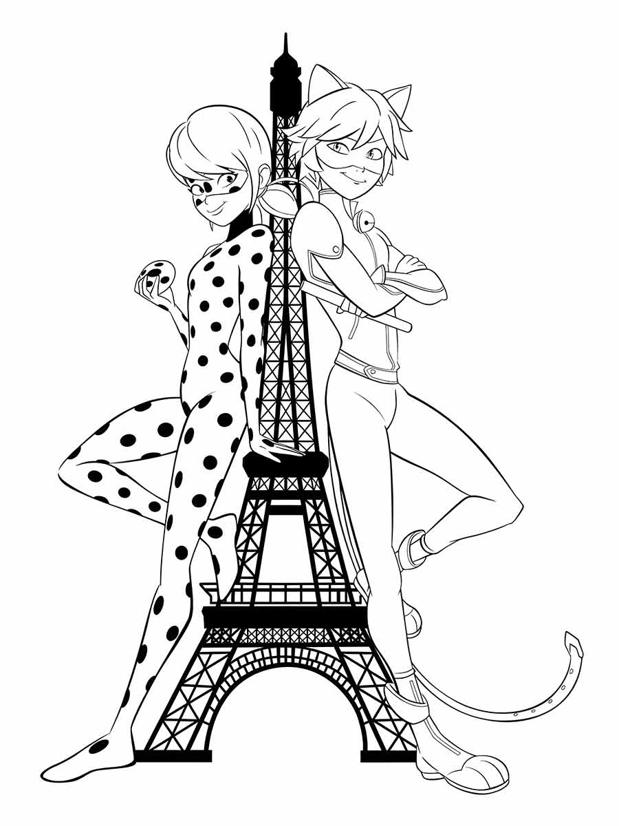 Coloring page of Cat Noir and Ladybug at the Eiffel Tower.