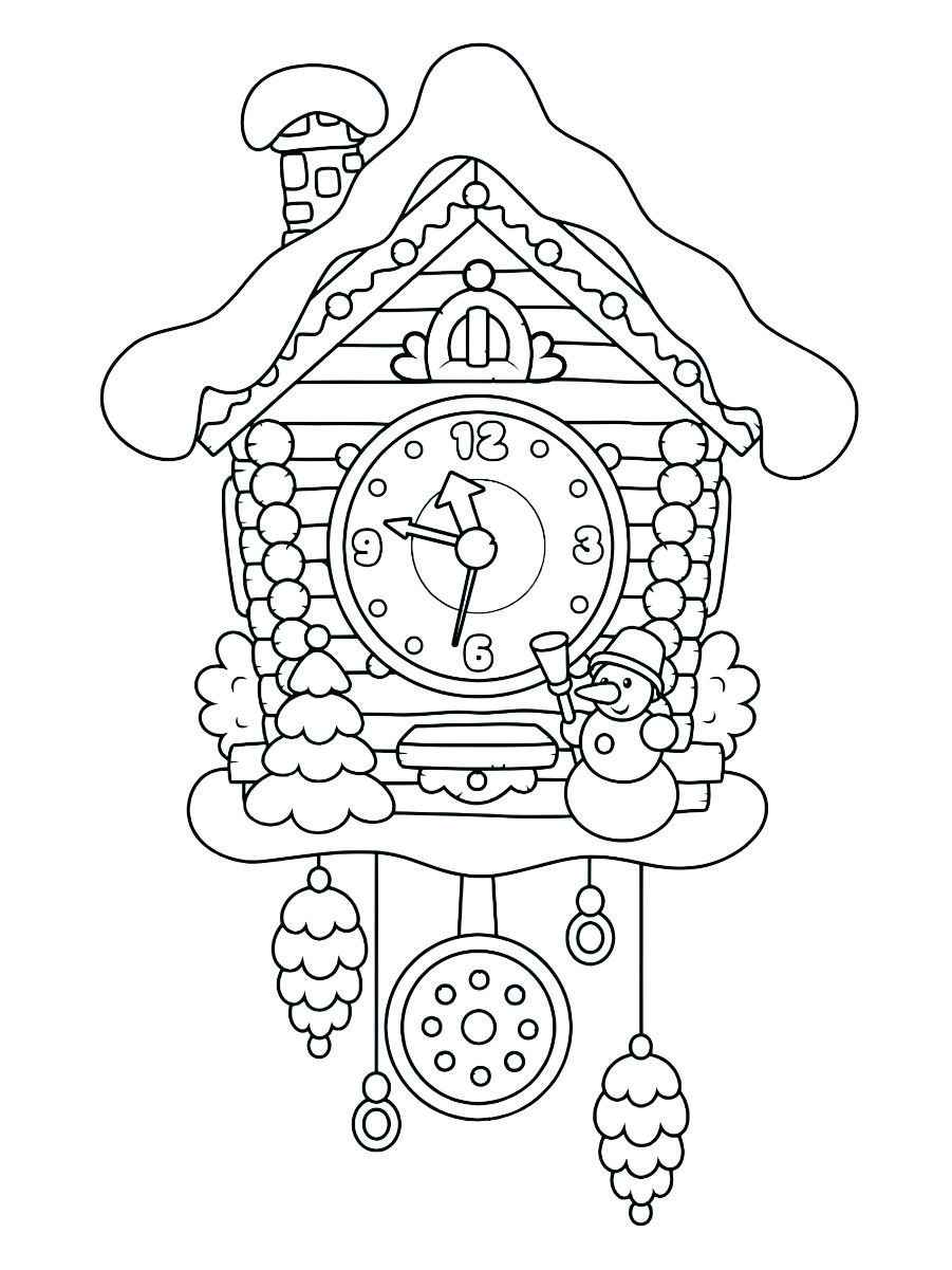 A Christmas-themed cuckoo clock coloring page, shaped like a small house and decorated with festive elements.