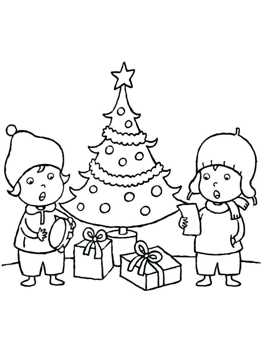 Coloring page of a Christmas tree with a boy and a girl.