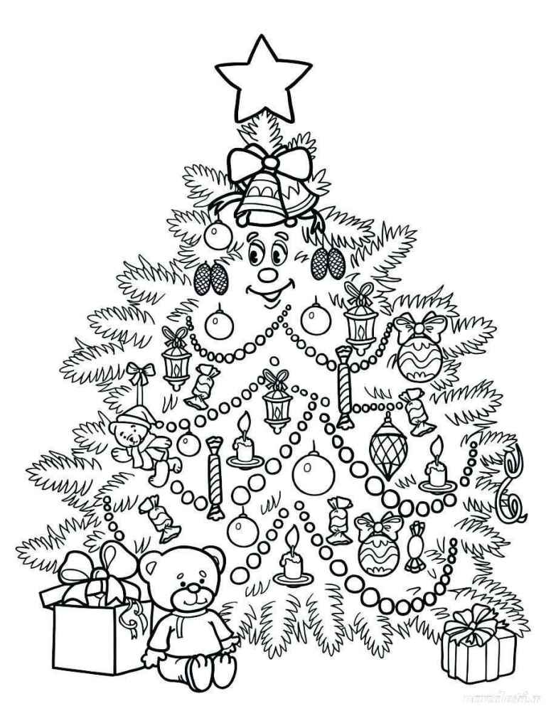 Coloring page of a decorated Christmas tree.