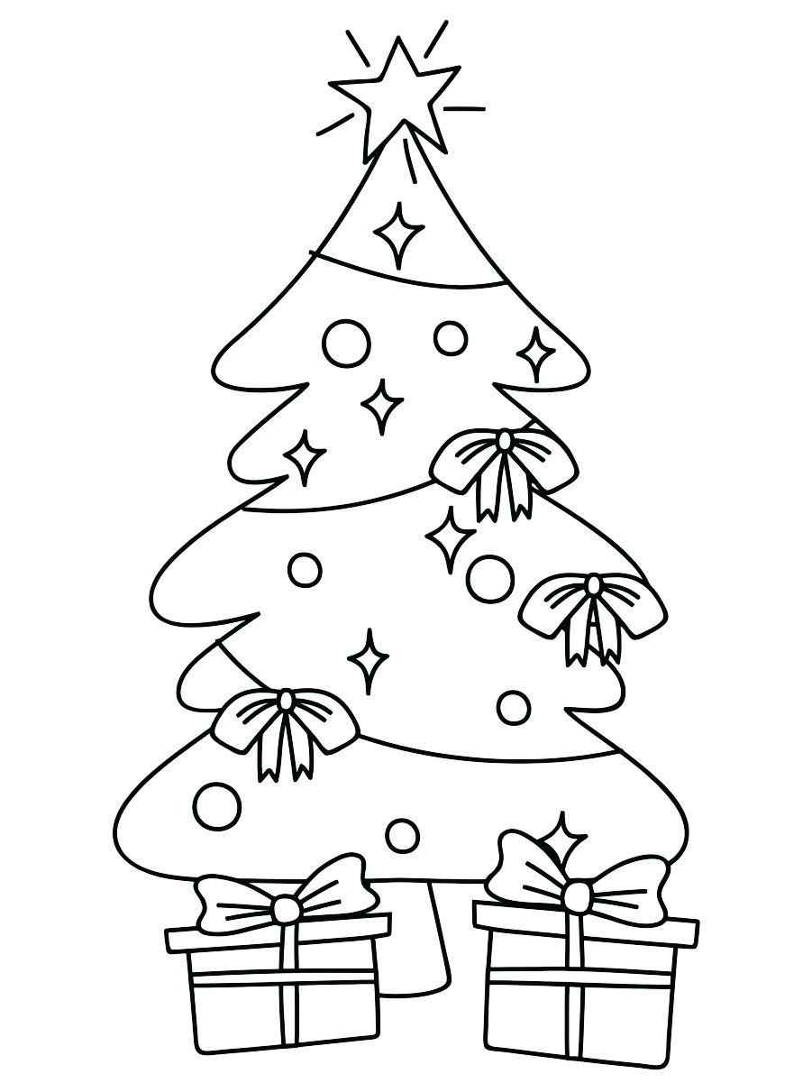 Coloring page of a Christmas tree decorated with bows, balls, a star, and presents