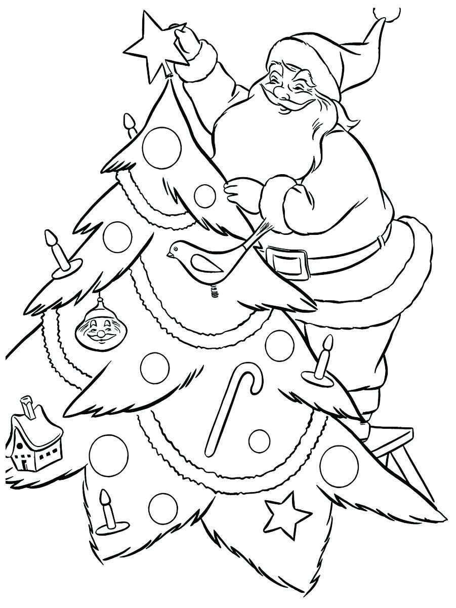 Coloring page of a Christmas tree with Santa Claus placing a star on top of the tree