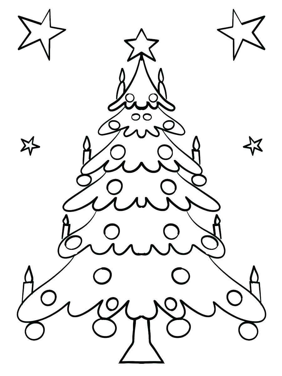 Coloring page of a Christmas tree decorated with candles and balls