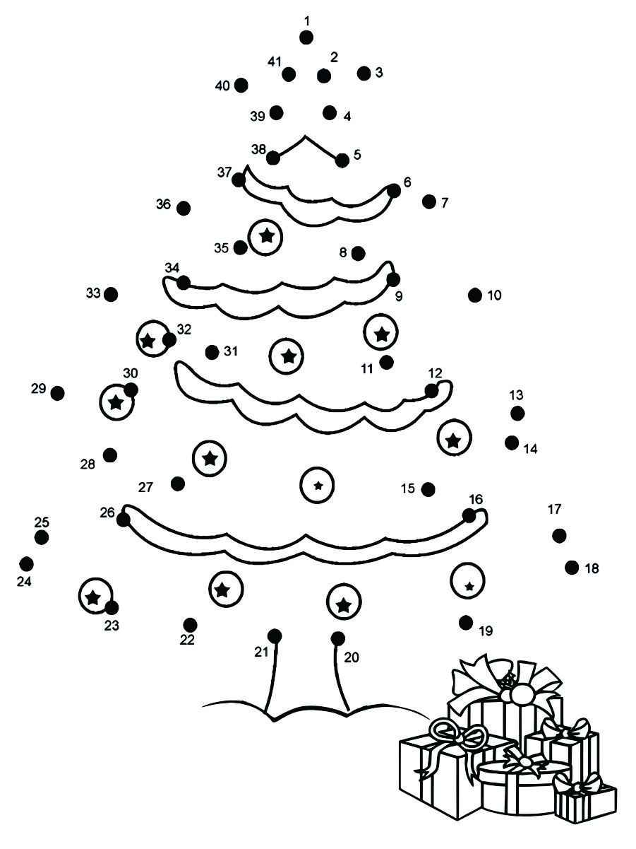 Coloring page of a dotted Christmas tree