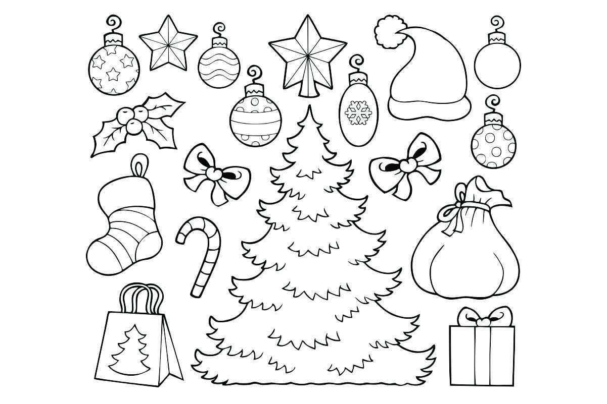 Coloring page of a Christmas tree with Christmas symbols.